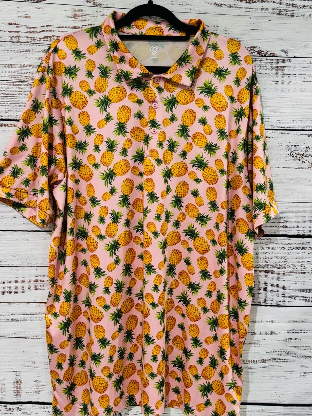 Caddy Cart Men's Performance Golf Polo Shirt - Pink Pineapple Print Size Lg
